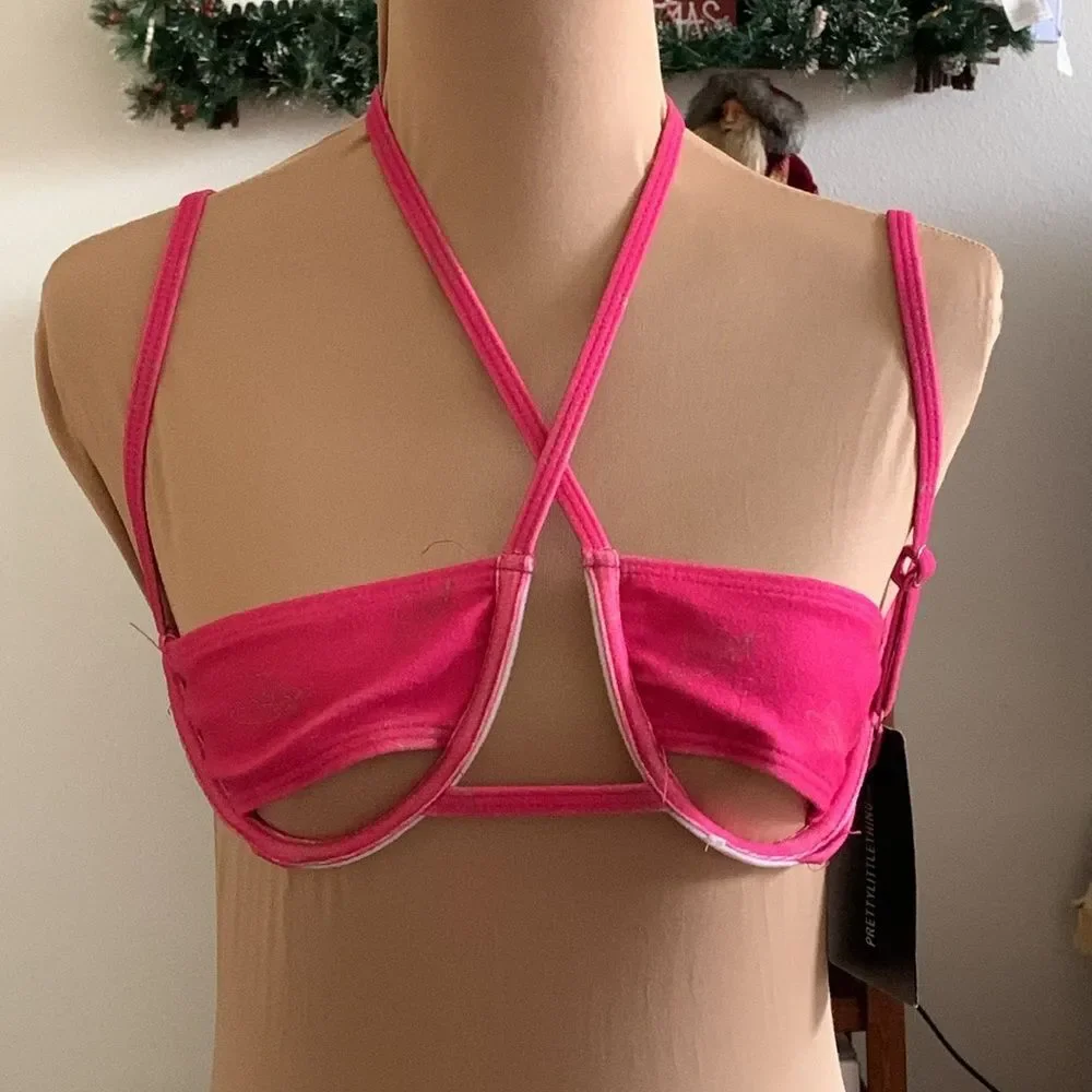 Hot Pink Branded Towelling Cut Out Bikini Tops Size 4